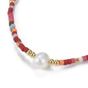 Handcrafted Real Freshwater Pearl Sunset Red Multi Japanese Glass Beads Bracelet
